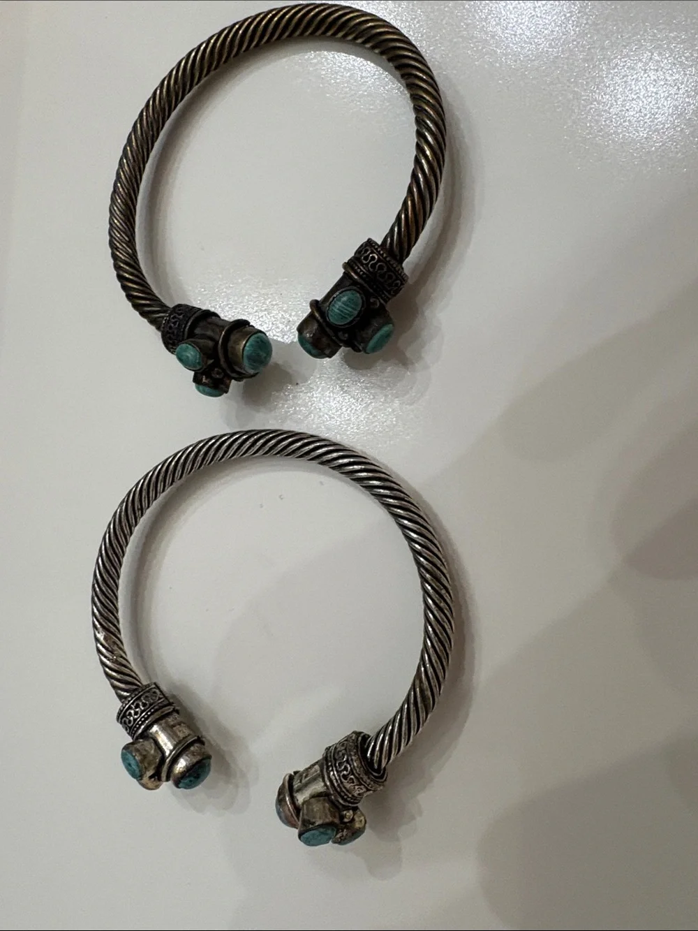 Vintage Tribal Silver Plated Cable Cuff Bracelets-2 Bangle Torque w/ Turquoise